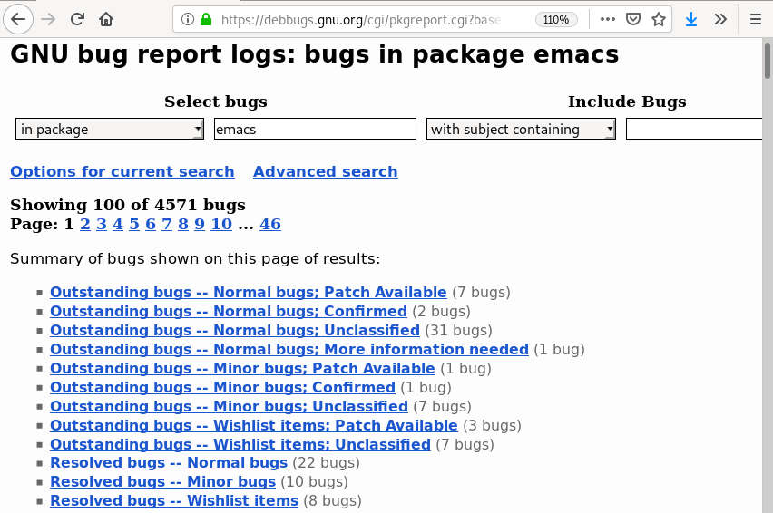 Debbugs - first 100 bugs in emacs