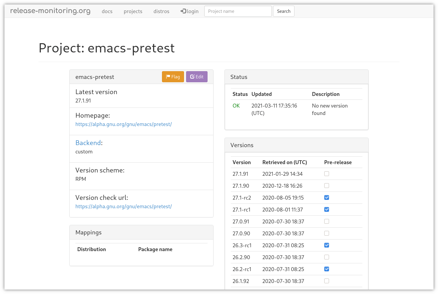 emacs-pretest project onrelease-monitoring.org
